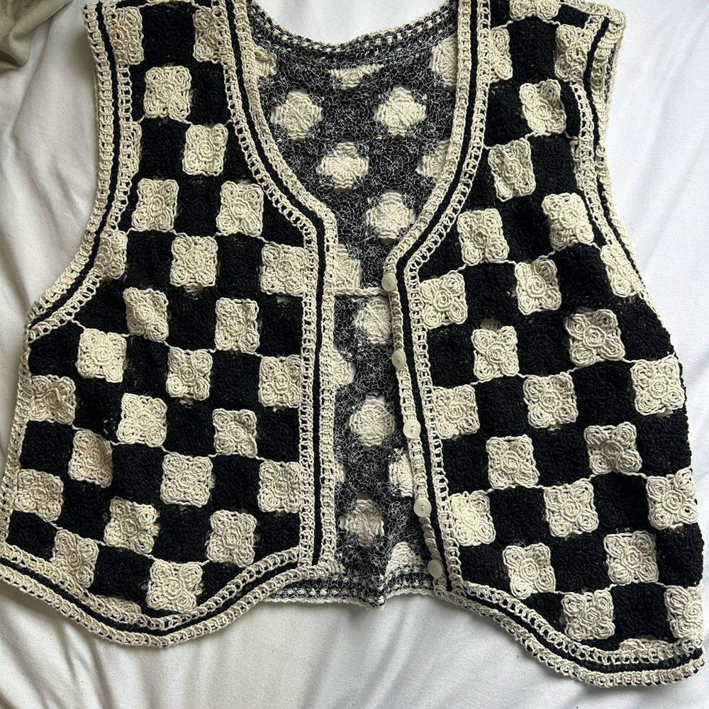 SHEIN Black and Cream Crochet Checkerboard Vest